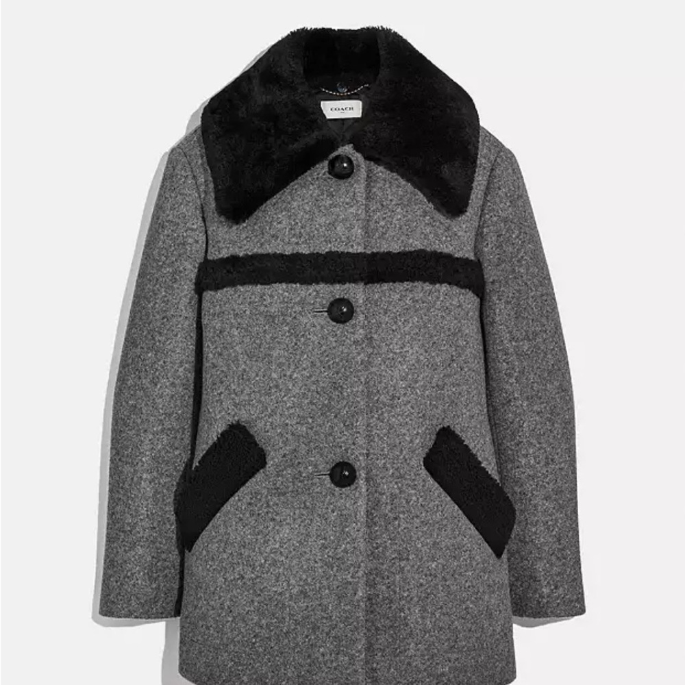 Coach Women's Wool Coat with Shearling Trim